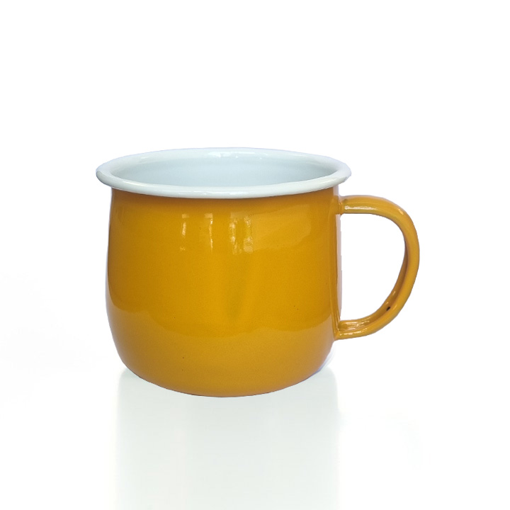 Emaille Tasse Becher gebaucht, bauchig gelb