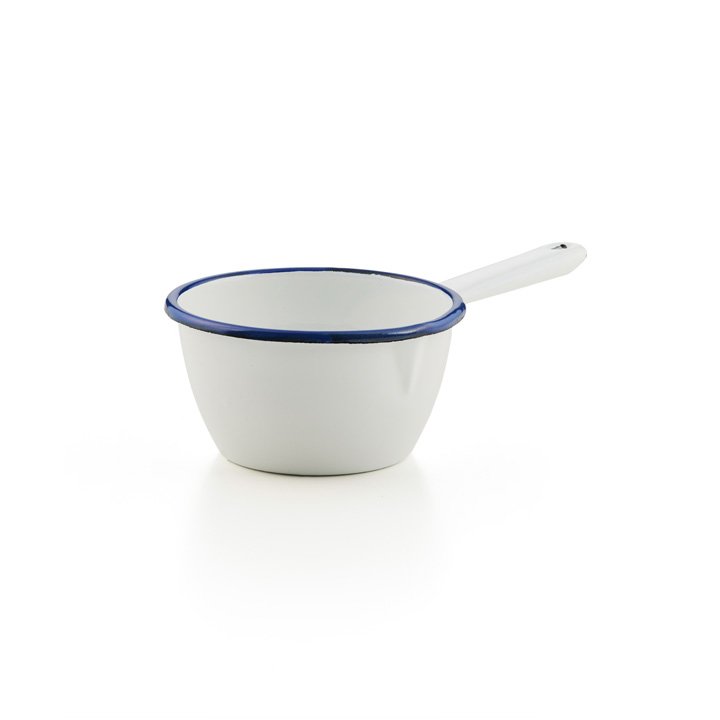 Emaille Stieltopf weiß mit blauem Rand