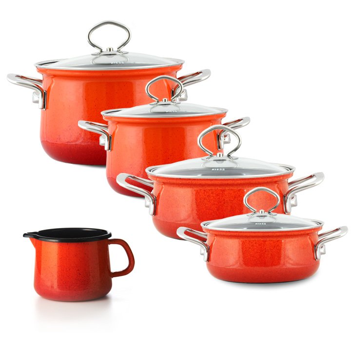 Riess Emaille Familienset Corall 5 teilig Schnabeltopf Emailset