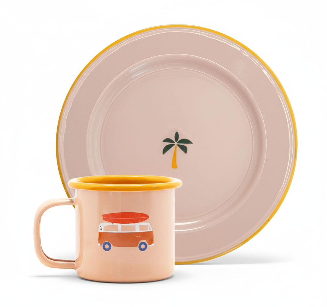 Emaille Camping-Set: Emaille Tasse & Teller „Go Camping"