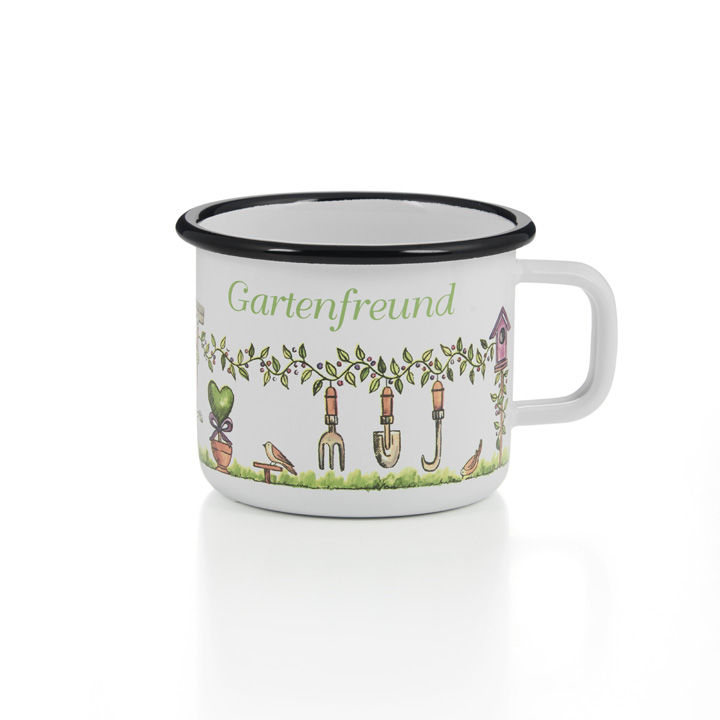 Emaille Tasse Becher Gartenfreund weiß mit schwarzem Rand Becher 400ml