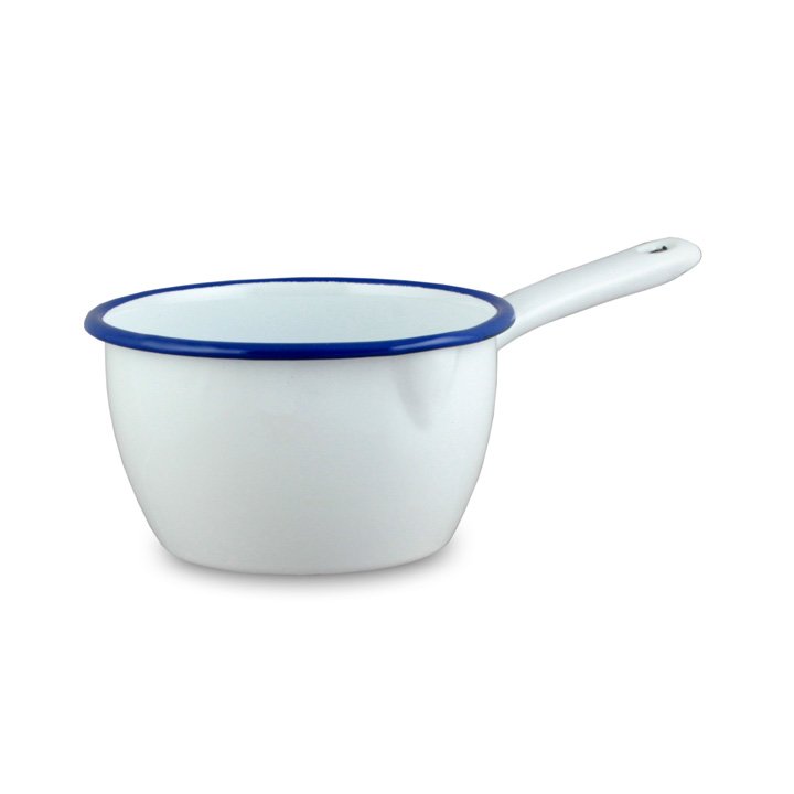 Emaille Stieltopf Stielkasserolle weiß mit blauem Rand 