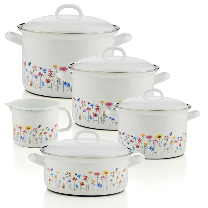 Emailset Topfset Geschirr-Set 5 teilig Flora 