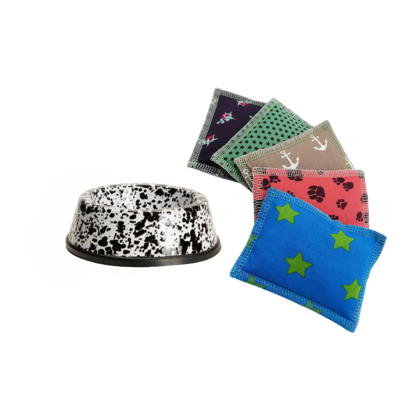 Emaille Katzenglück – Napf & Minze Duo schwarz/weiß 