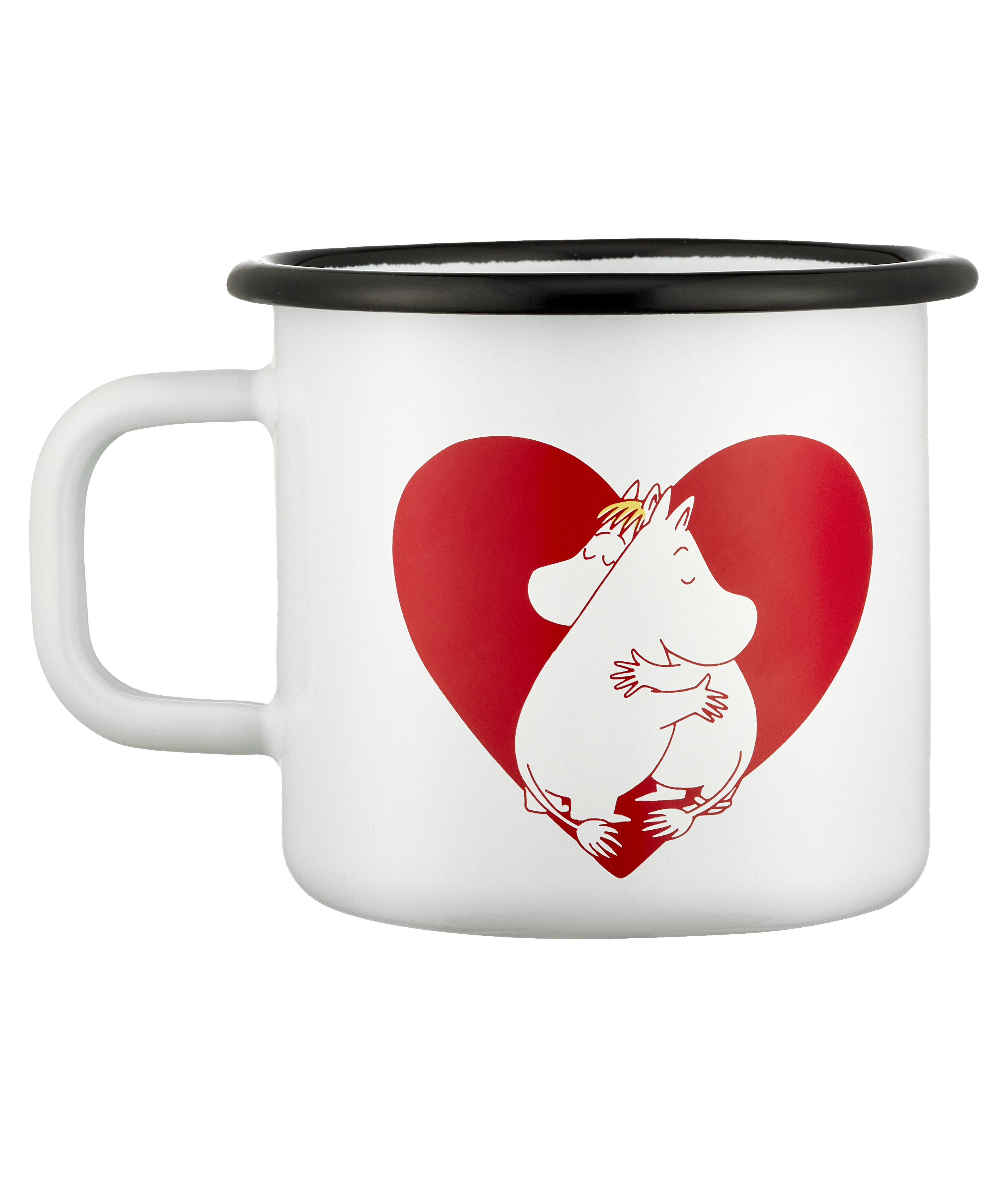 weiße Emaille Tasse mit umarmenden Nilpferden in einem roten Herz von Muurla