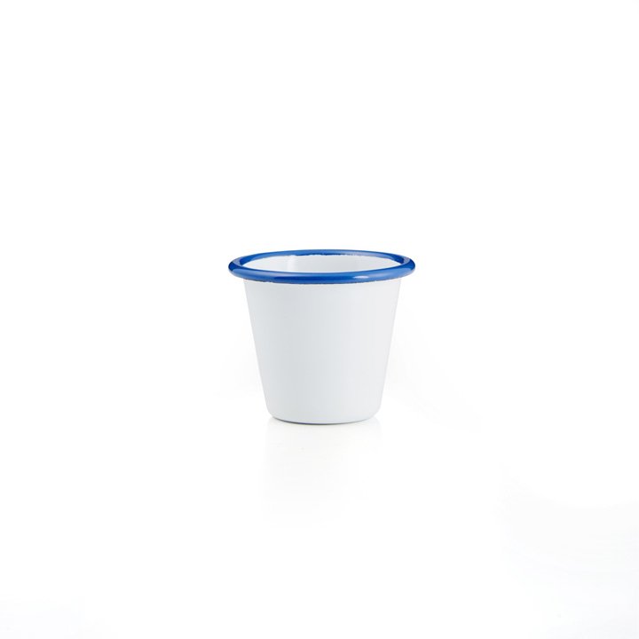 Emaille Mini Becher konisch weiß mit blauem Rand