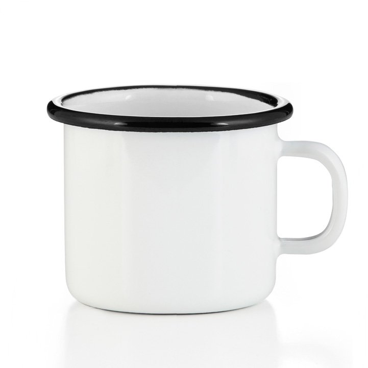 Emaille Tasse Becher weiß mit schwarzem Rand Becher 400ml