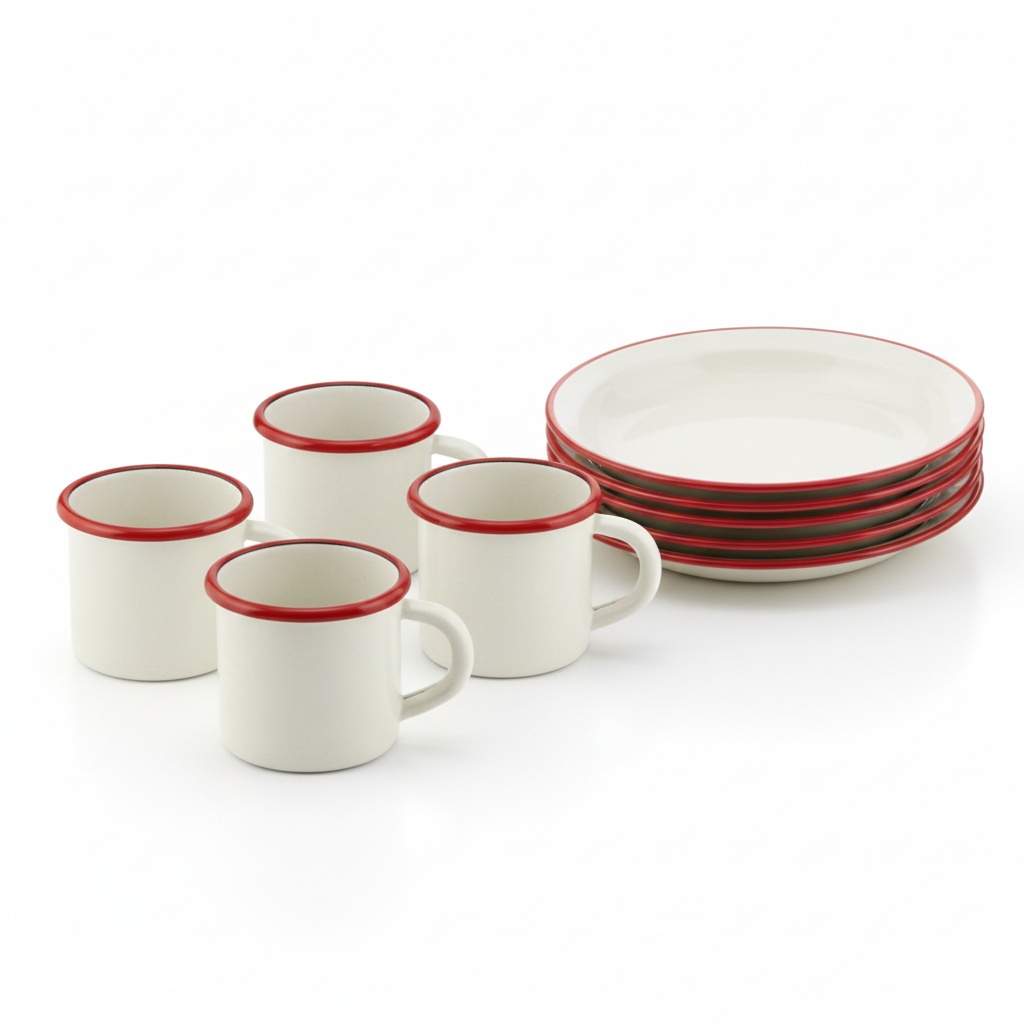 Emaille Liv Emaille Geschirr-Set Bordeaux | 8-tlg. für 4 Personen: 22cm Teller & 250ml Tassen