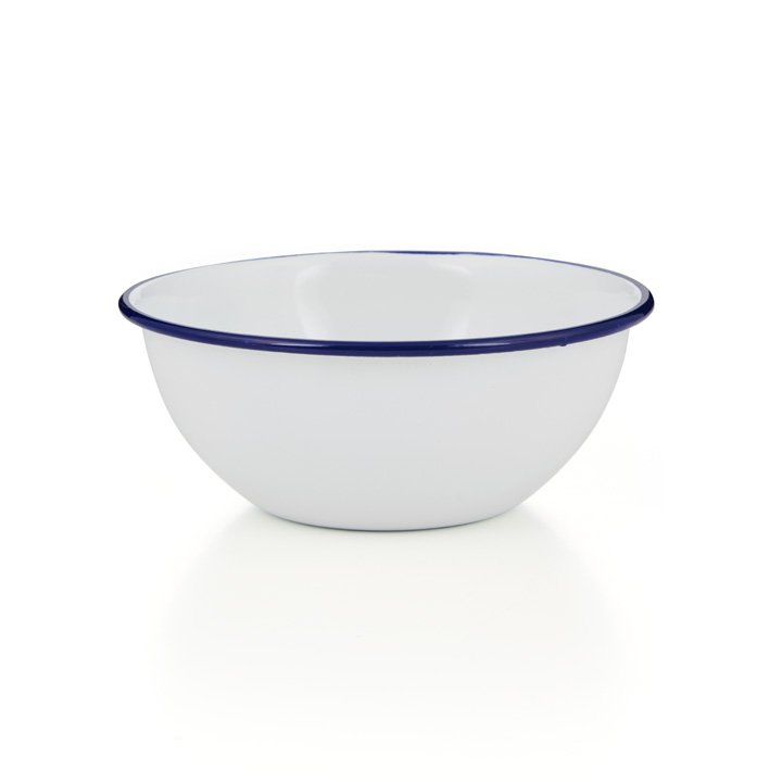 Emaille Schüssel, Schale weiß mit blauem Rand 24cm