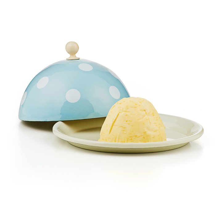 Emaille Butterglocke Butterdose hellblau mit weißen punkten